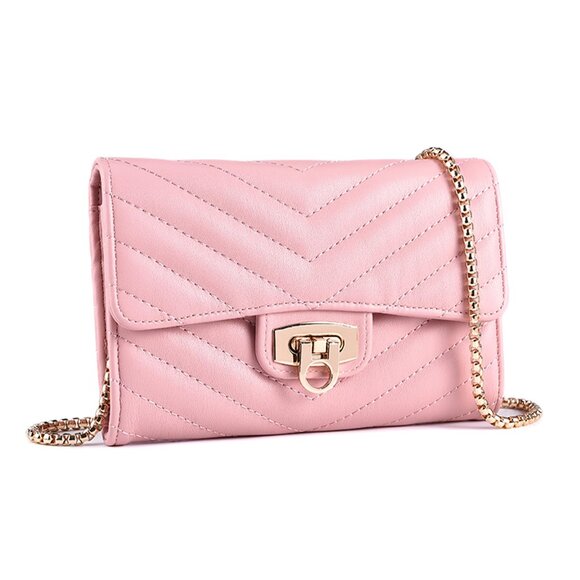 Womens Envelope Crossbody Clutch handbag with chain Pink Quilted - Picture 1 of 12